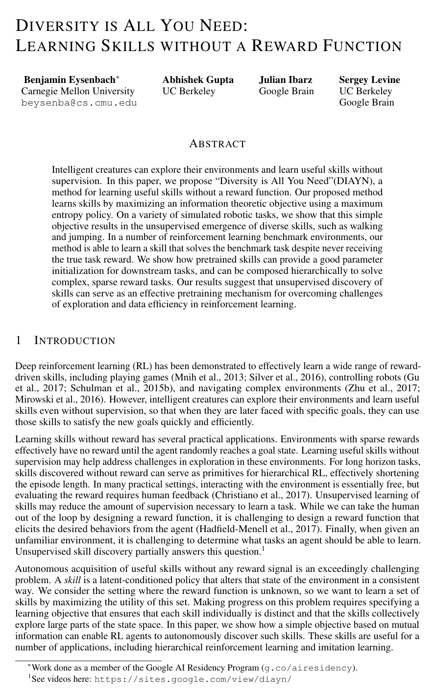 Cover for Diversity is All You Need: Learning Skills without a Reward Function