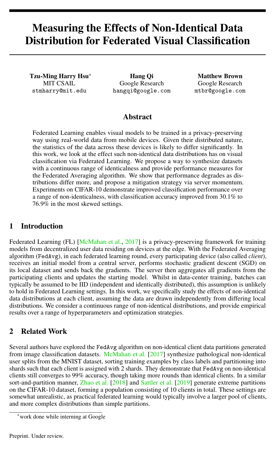 Cover for Measuring the Effects of Non-Identical Data Distribution for Federated Visual Classification