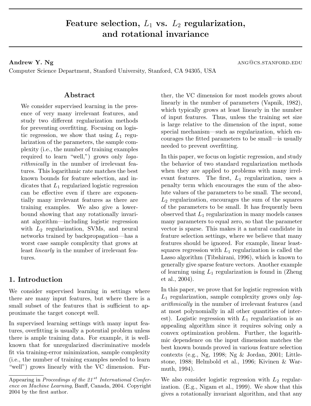 Feature selection, L1 vs. L2 regularization, and rotational invariance