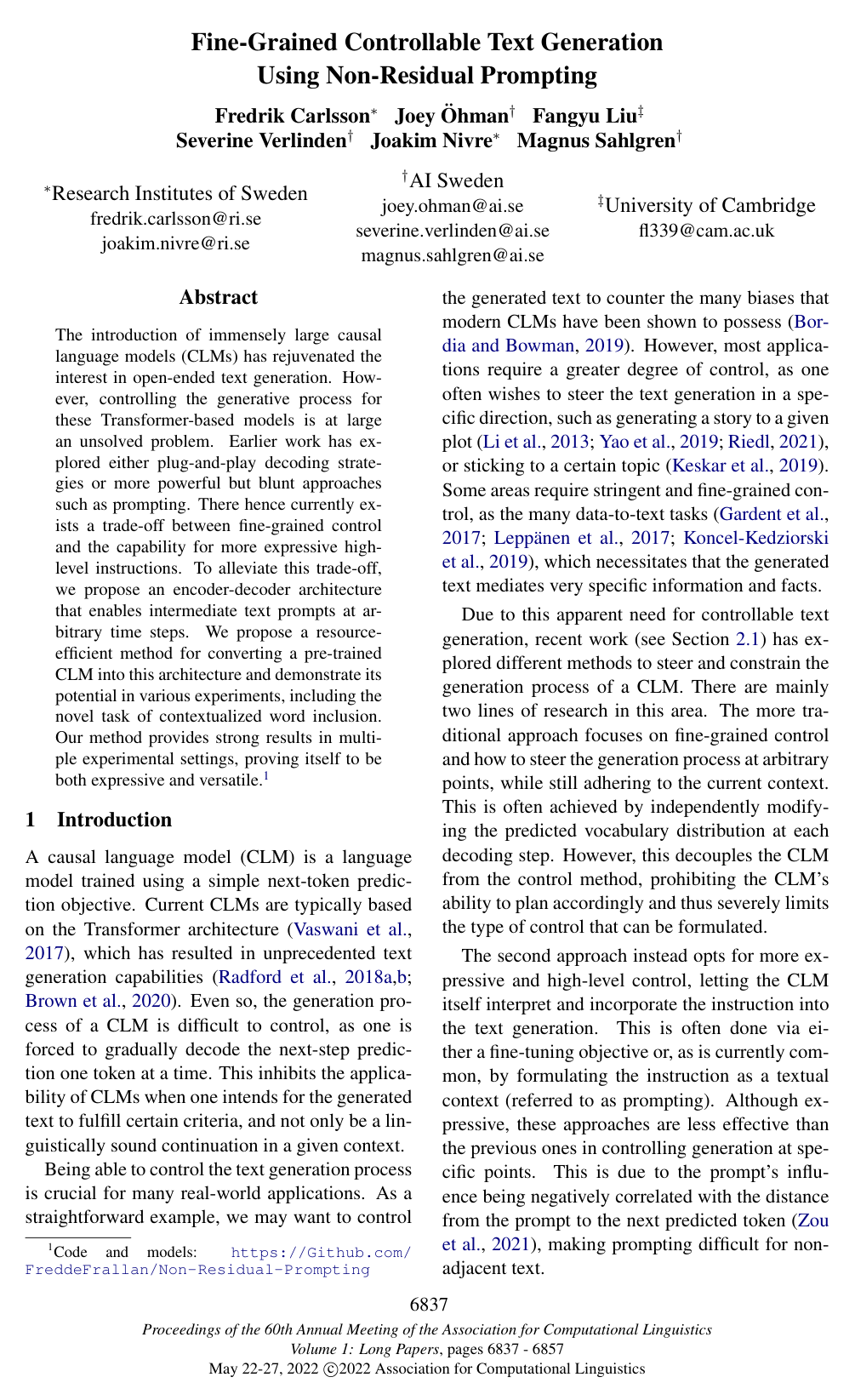 Cover for Fine-Grained Controllable Text Generation Using Non-Residual Prompting