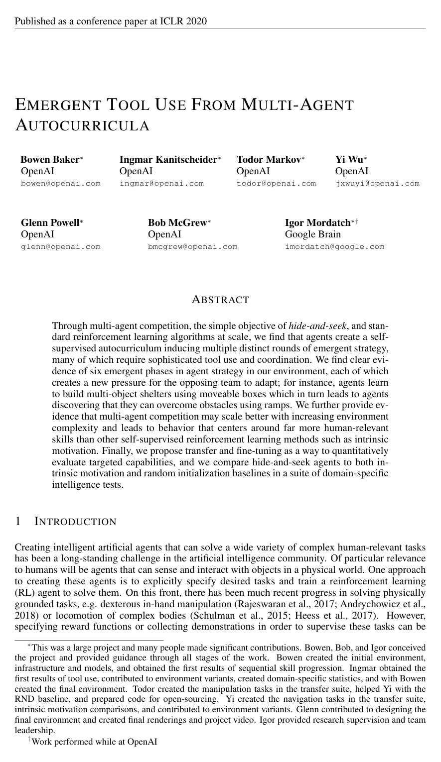 Emergent Tool Use From Multi-Agent Autocurricula