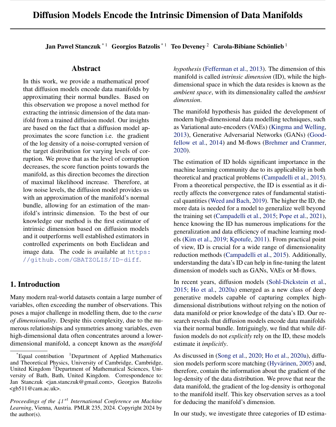 Diffusion Models Encode the Intrinsic Dimension of Data Manifolds