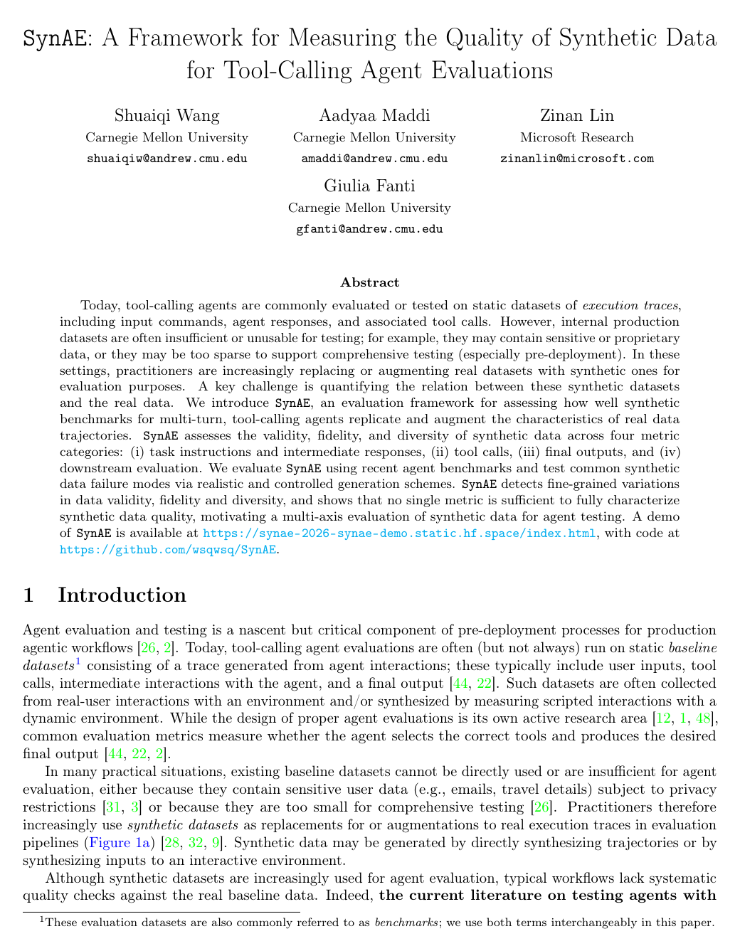 Cover for SynAE: A Framework for Measuring the Quality of Synthetic Data for Tool-Calling Agent Evaluations