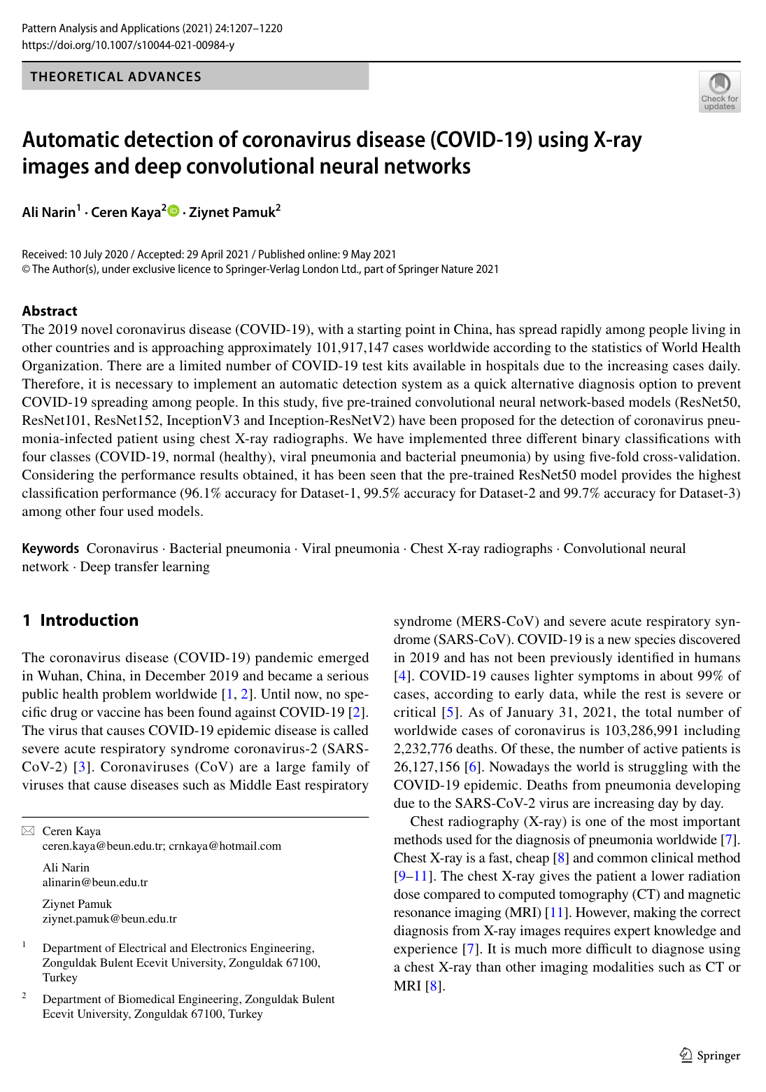 Automatic detection of coronavirus disease (COVID-19) using X-ray images and deep convolutional neural networks
