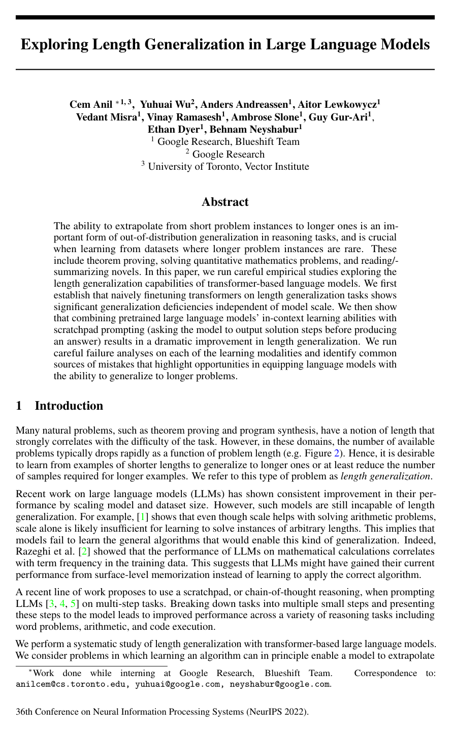Cover for Exploring Length Generalization in Large Language Models