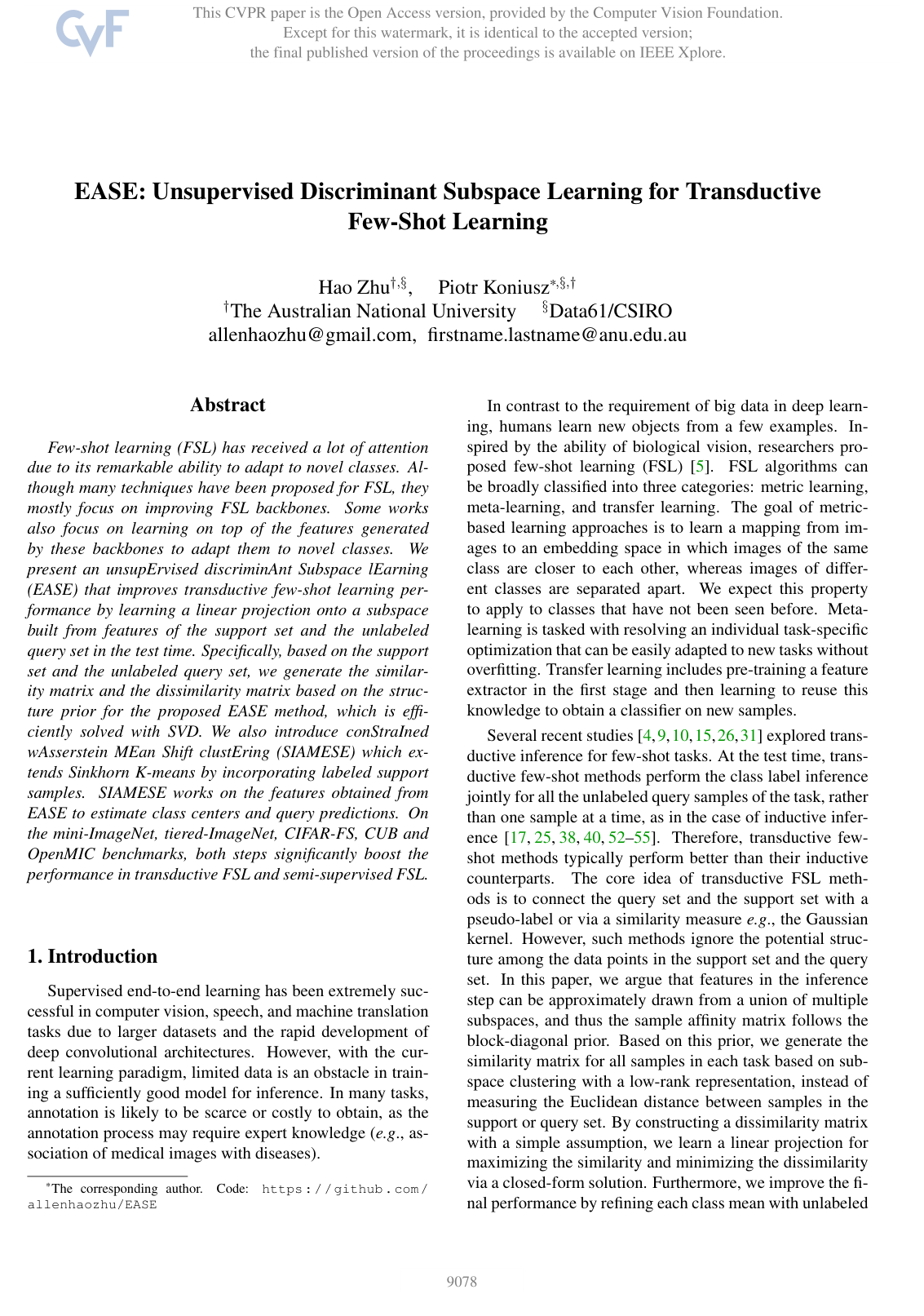 EASE: Unsupervised Discriminant Subspace Learning for Transductive Few-Shot Learning