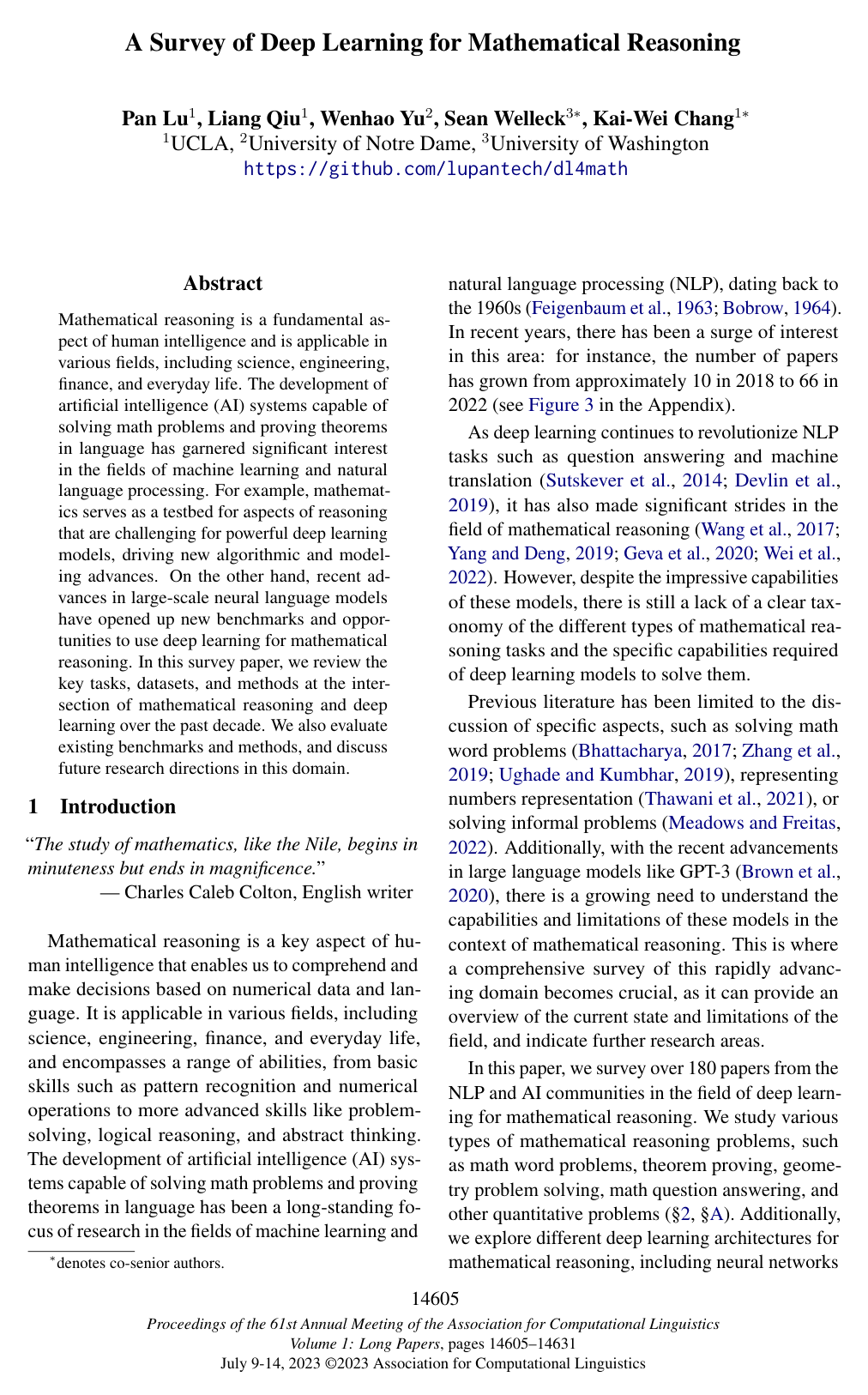 A Survey of Deep Learning for Mathematical Reasoning