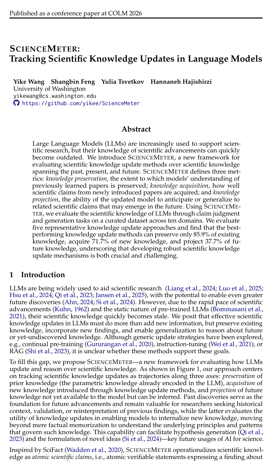 ScienceMeter: Tracking Scientific Knowledge Updates in Language Models
