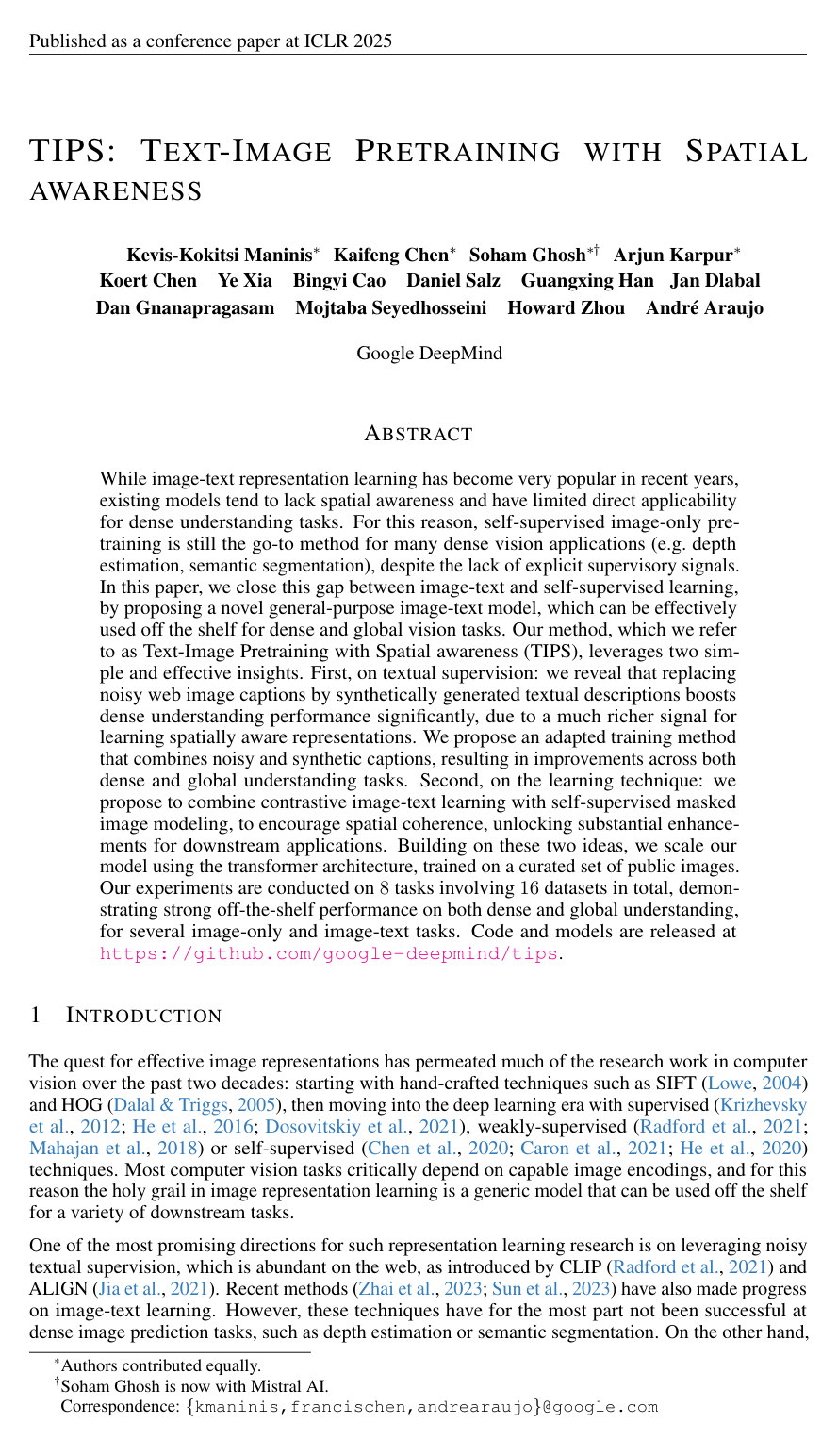 Cover for TIPS: Text-Image Pretraining with Spatial awareness