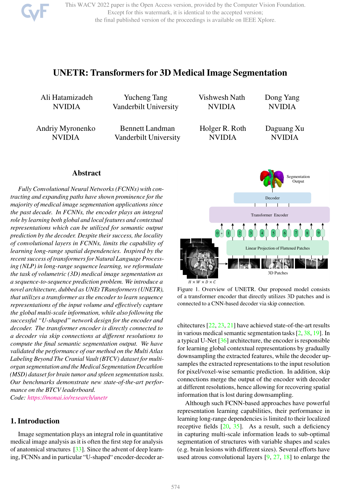 UNETR: Transformers for 3D Medical Image Segmentation