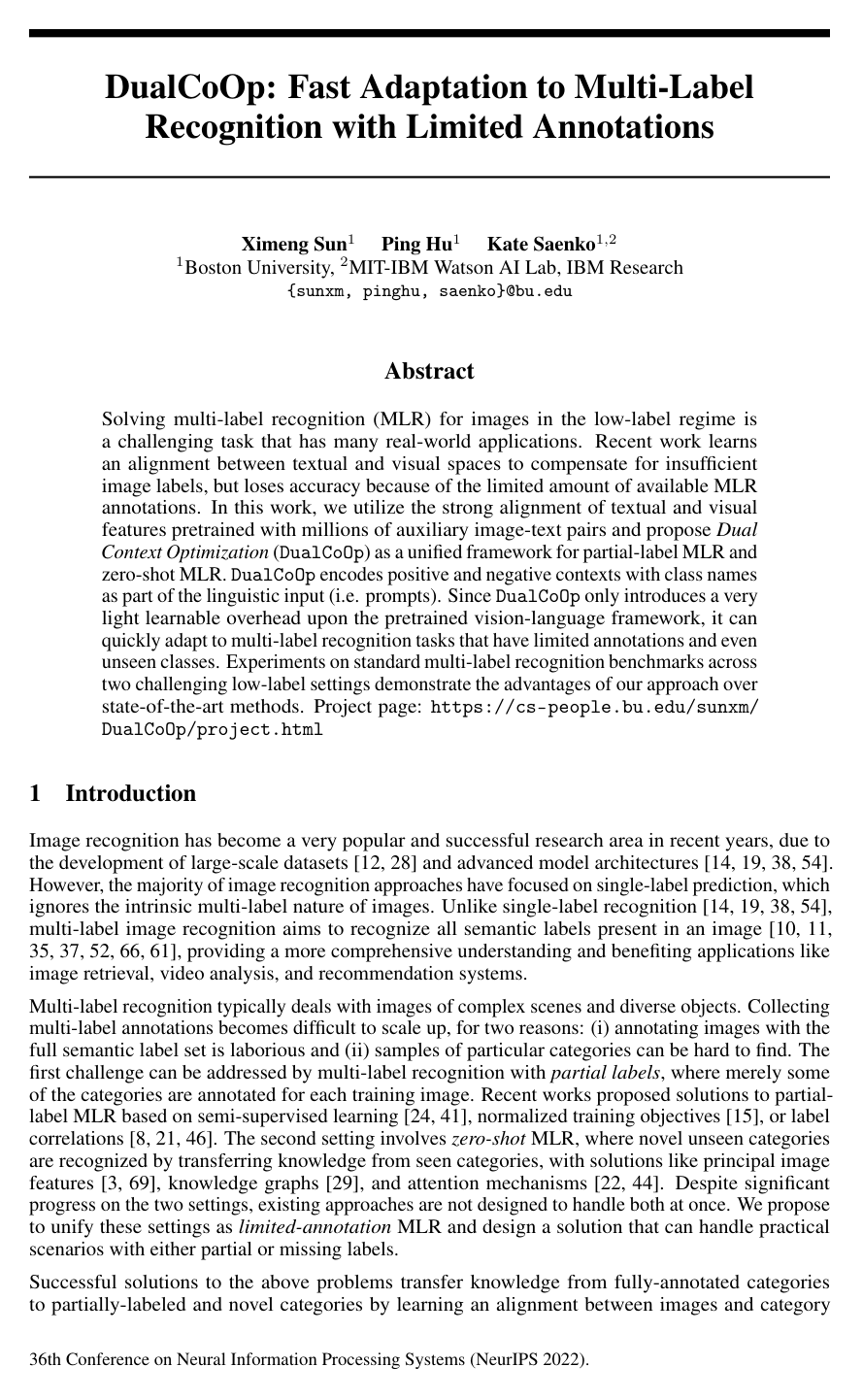DualCoOp: Fast Adaptation to Multi-Label Recognition with Limited Annotations