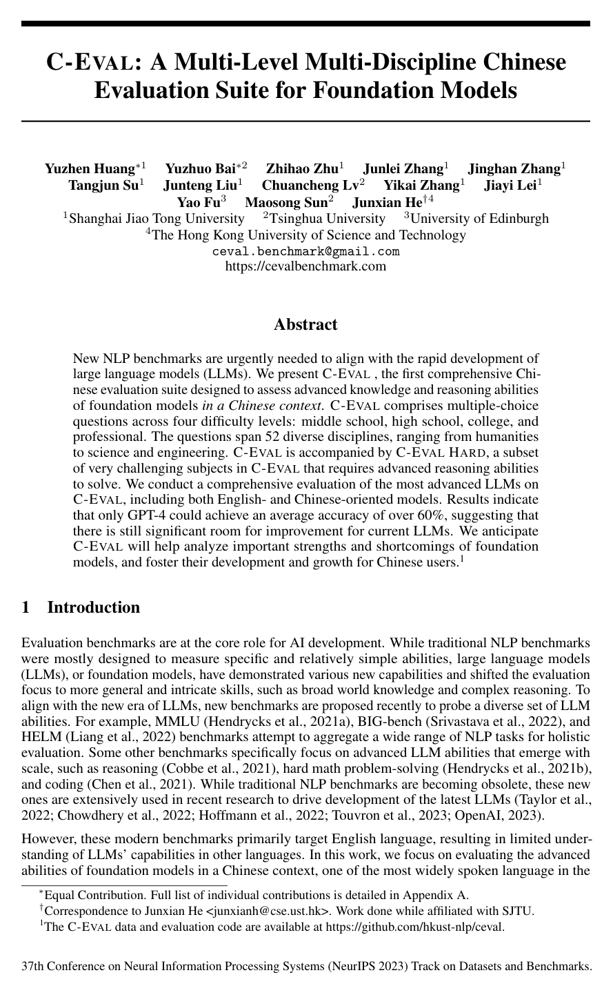 C-Eval: A Multi-Level Multi-Discipline Chinese Evaluation Suite for Foundation Models