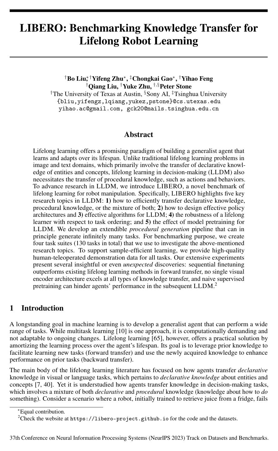 LIBERO: Benchmarking Knowledge Transfer for Lifelong Robot Learning