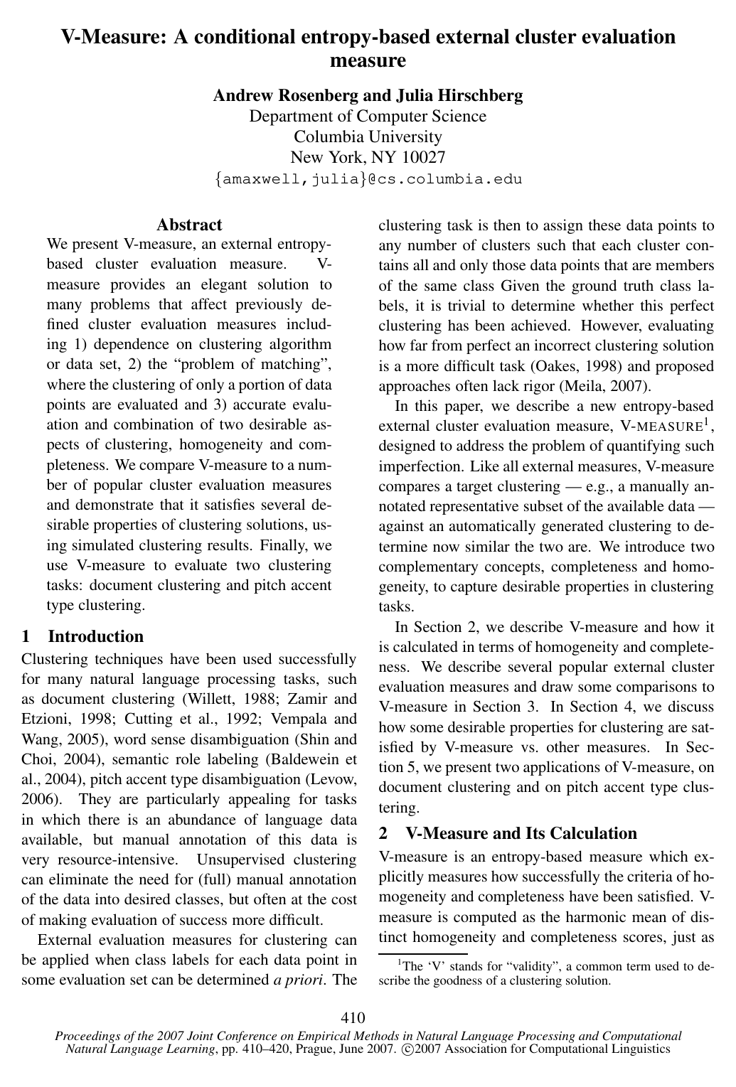 Cover for V-Measure: A Conditional Entropy-Based External Cluster Evaluation Measure