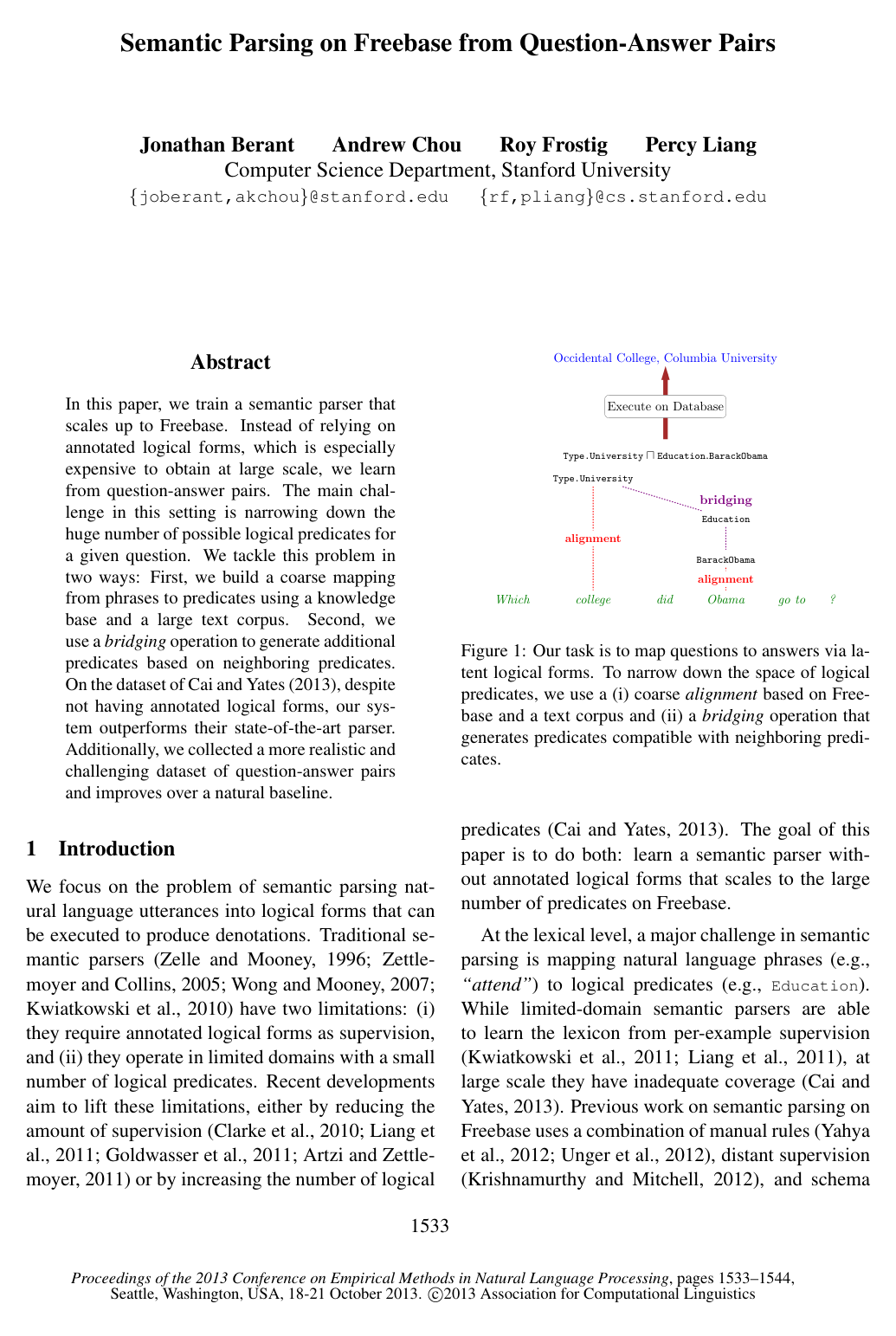 Cover for Semantic Parsing on Freebase from Question-Answer Pairs
