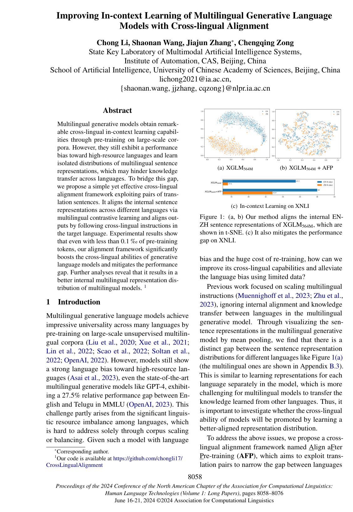 Improving In-context Learning of Multilingual Generative Language Models with Cross-lingual Alignment