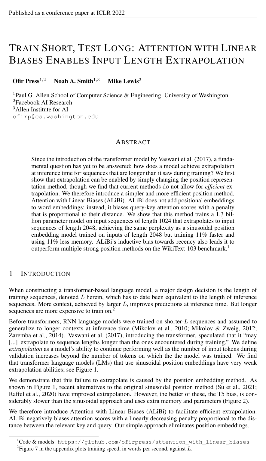 Train Short, Test Long: Attention with Linear Biases Enables Input Length Extrapolation