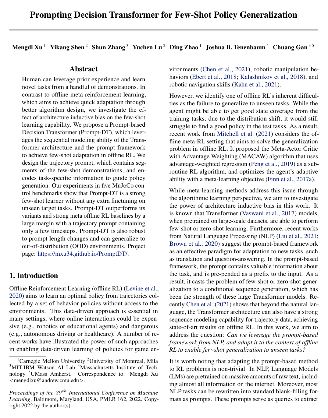 Prompting Decision Transformer for Few-Shot Policy Generalization