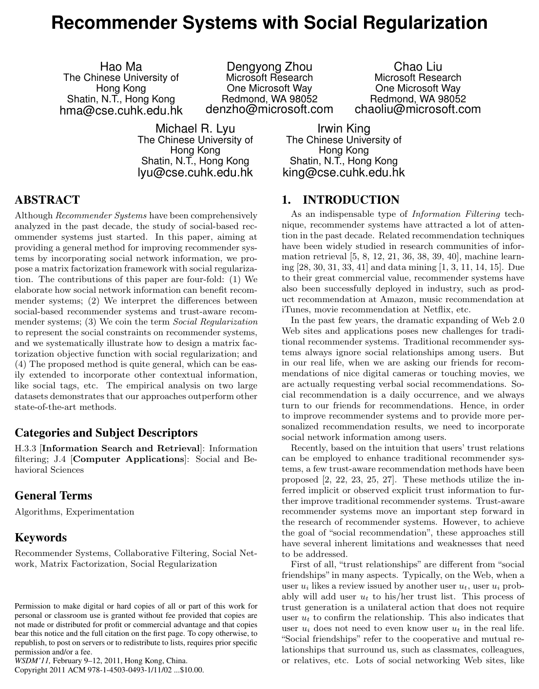 Cover for Recommender systems with social regularization