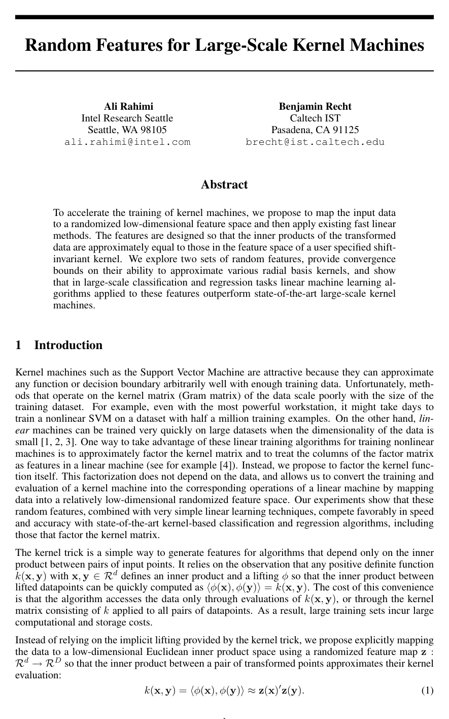 Random Features for Large-Scale Kernel Machines