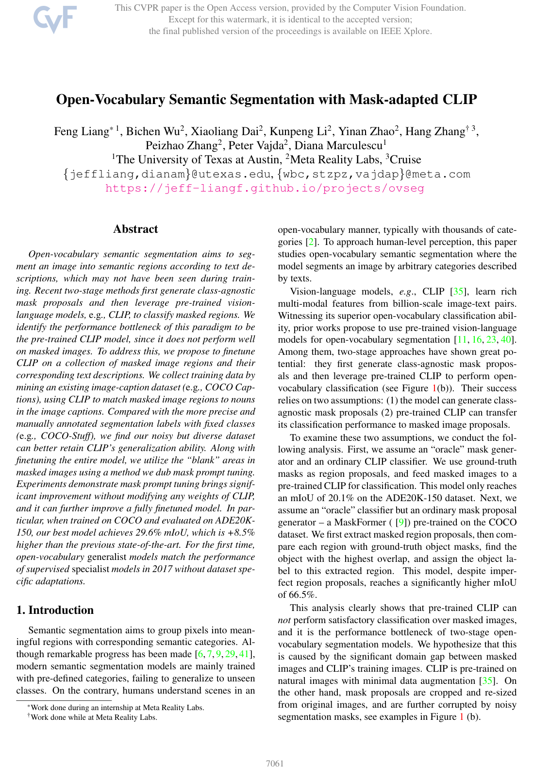 Open-Vocabulary Semantic Segmentation with Mask-adapted CLIP