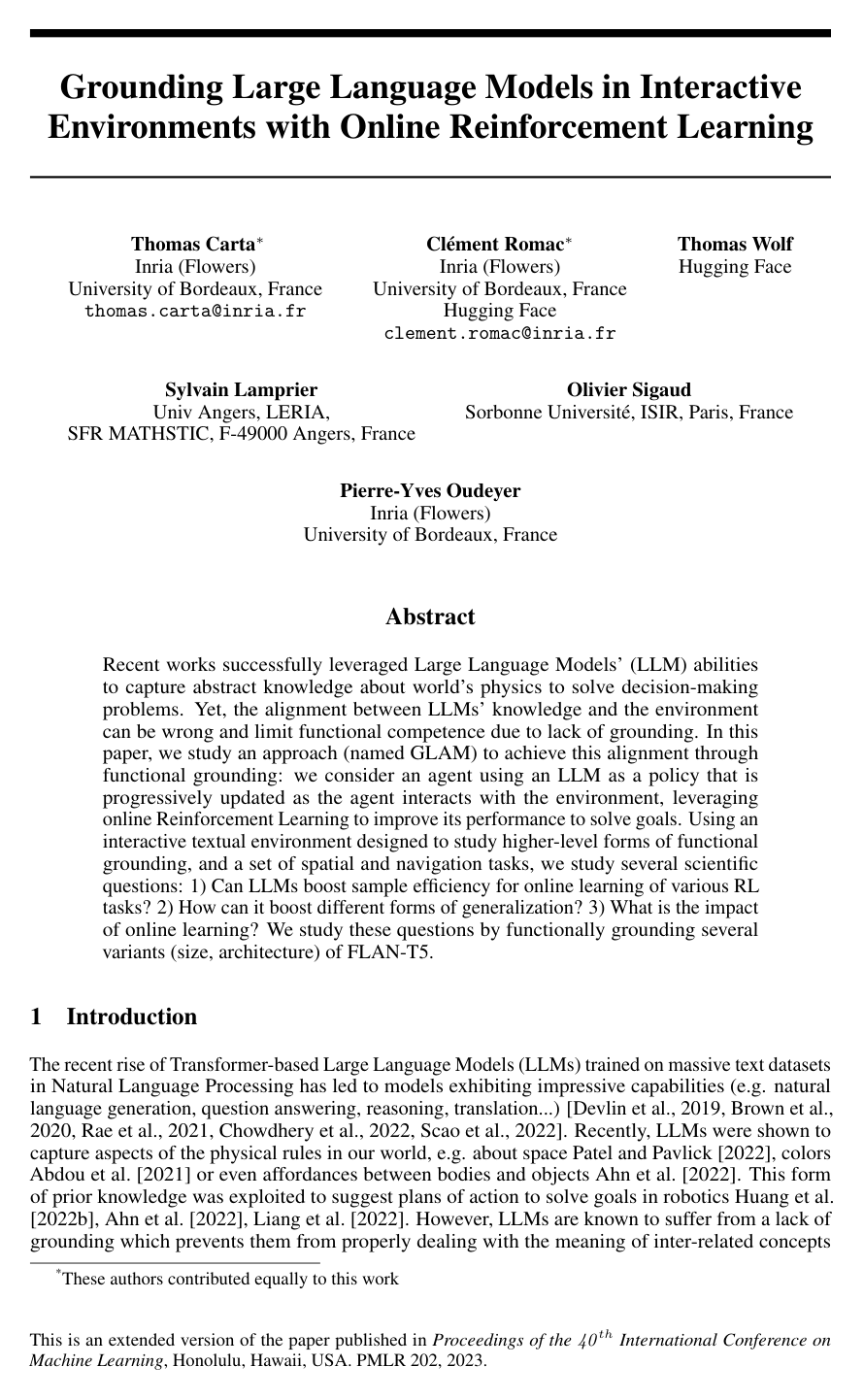 Cover for Grounding Large Language Models in Interactive Environments with Online Reinforcement Learning