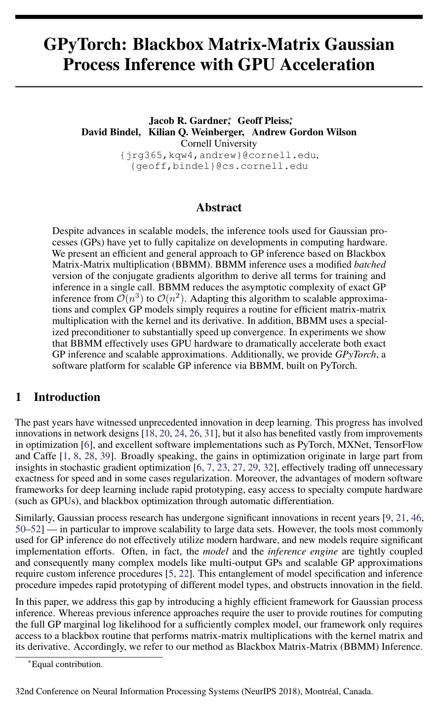 Cover for GPyTorch: Blackbox Matrix-Matrix Gaussian Process Inference with GPU Acceleration