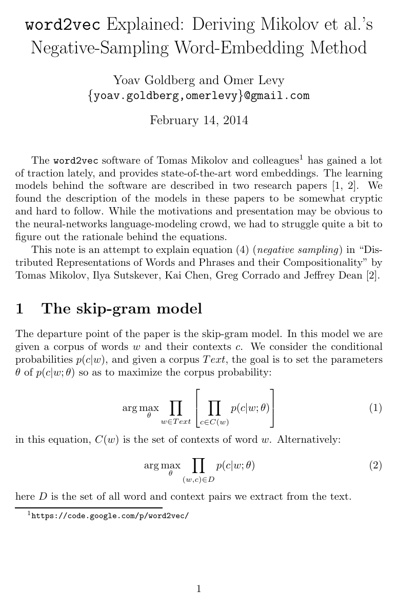 Cover for word2vec Explained: deriving Mikolov et al.'s negative-sampling word-embedding method