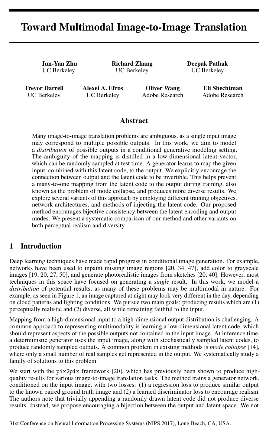 Cover for Toward Multimodal Image-to-Image Translation