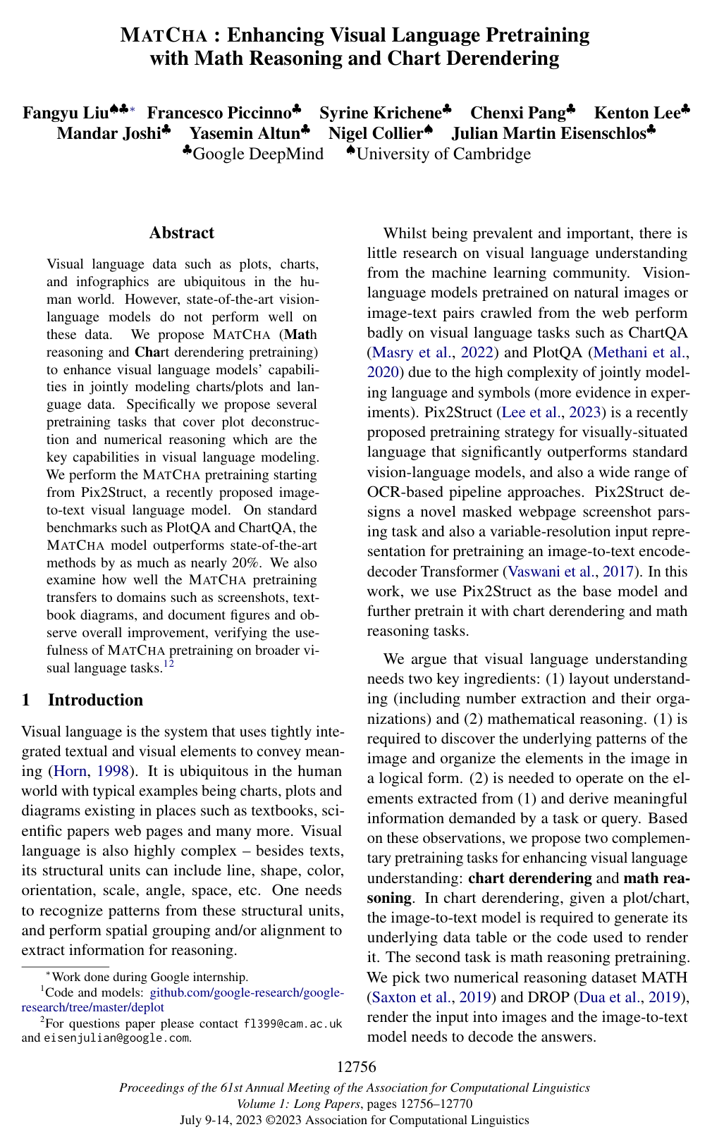 MatCha: Enhancing Visual Language Pretraining with Math Reasoning and Chart Derendering