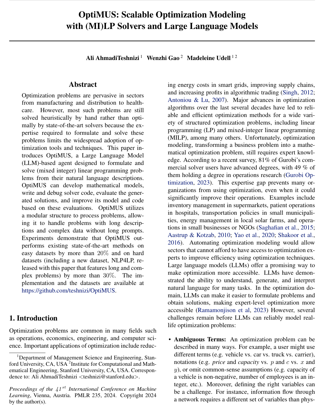 OptiMUS: Scalable Optimization Modeling with (MI)LP Solvers and Large Language Models