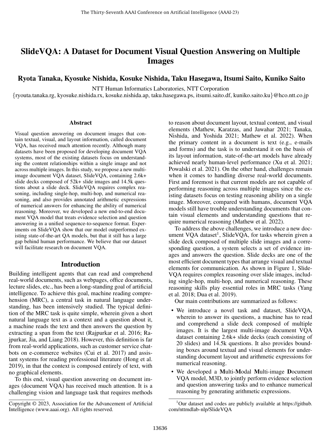 SlideVQA: A Dataset for Document Visual Question Answering on Multiple Images