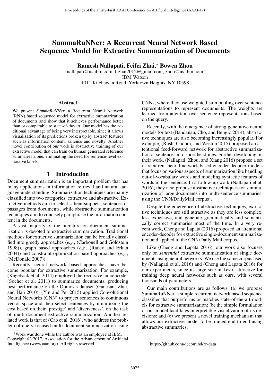 Cover for SummaRuNNer: A Recurrent Neural Network Based Sequence Model for Extractive Summarization of Documents