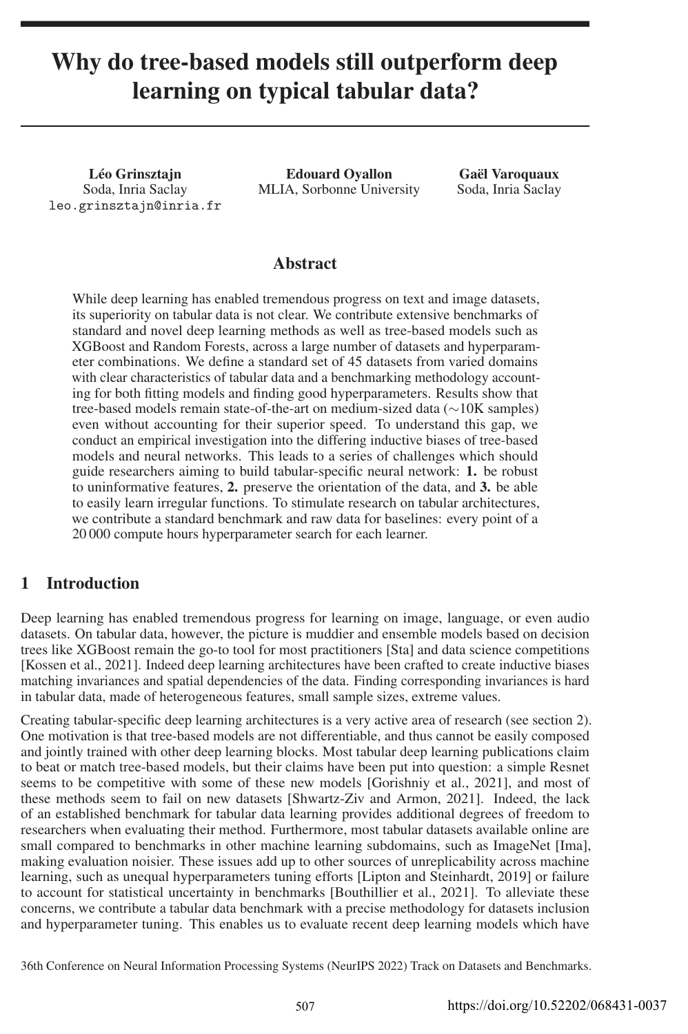 Cover for Why do tree-based models still outperform deep learning on typical tabular data?
