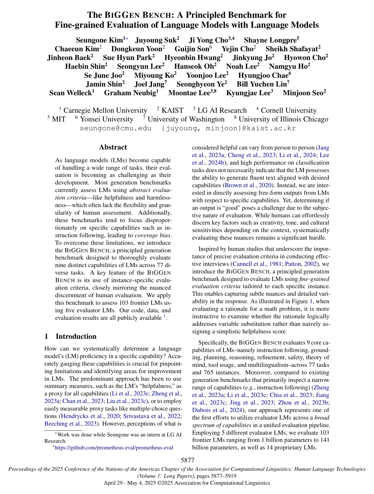 Cover for The BiGGen Bench: A Principled Benchmark for Fine-grained Evaluation of Language Models with Language Models
