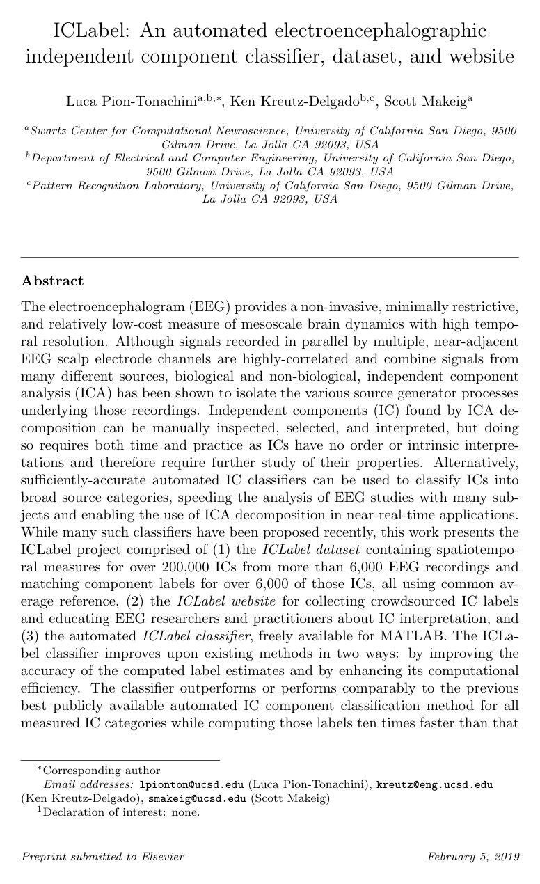 Cover for ICLabel: An automated electroencephalographic independent component classifier, dataset, and website