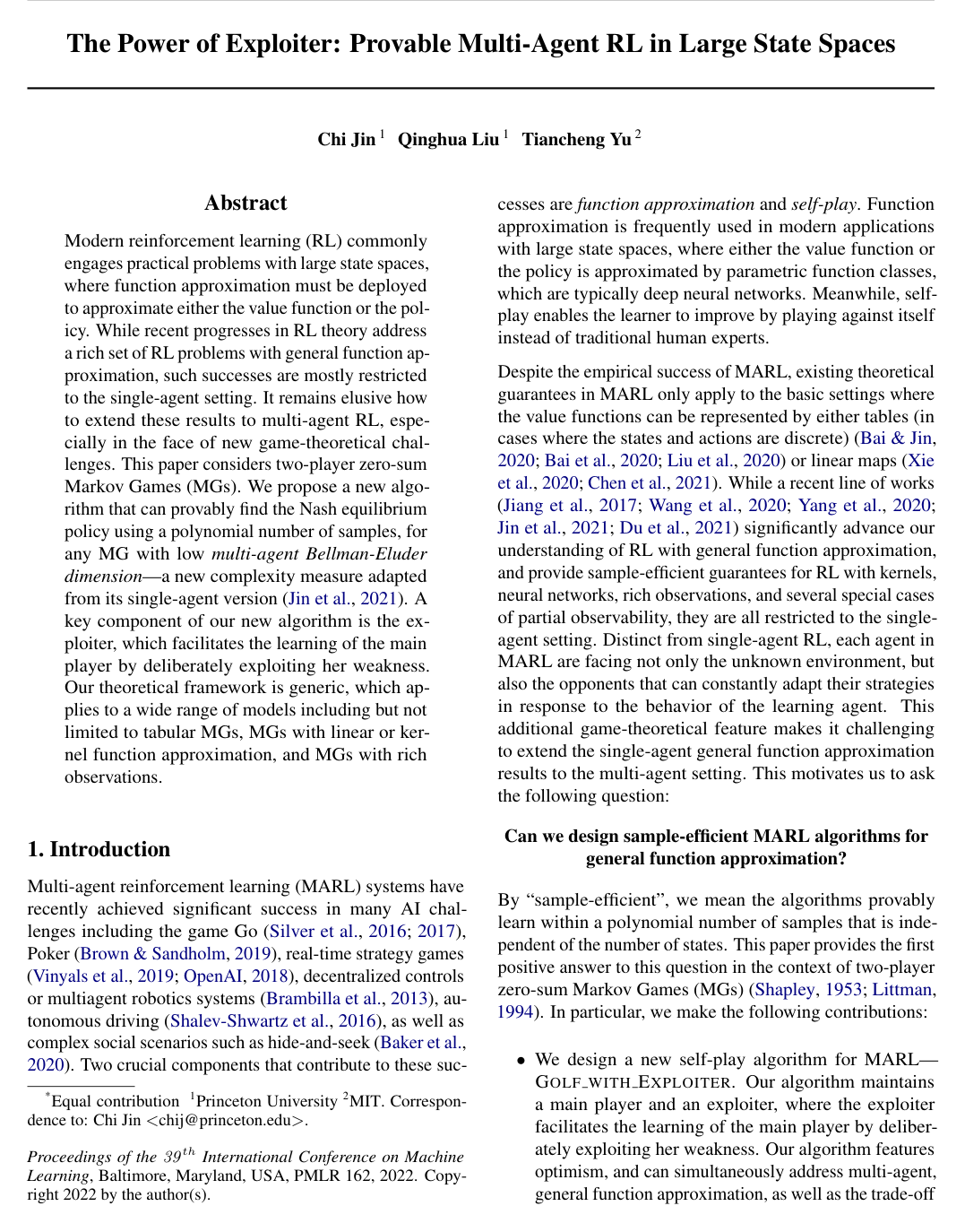 The Power of Exploiter: Provable Multi-Agent RL in Large State Spaces