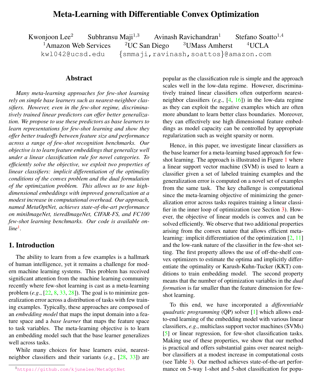 Meta-Learning With Differentiable Convex Optimization