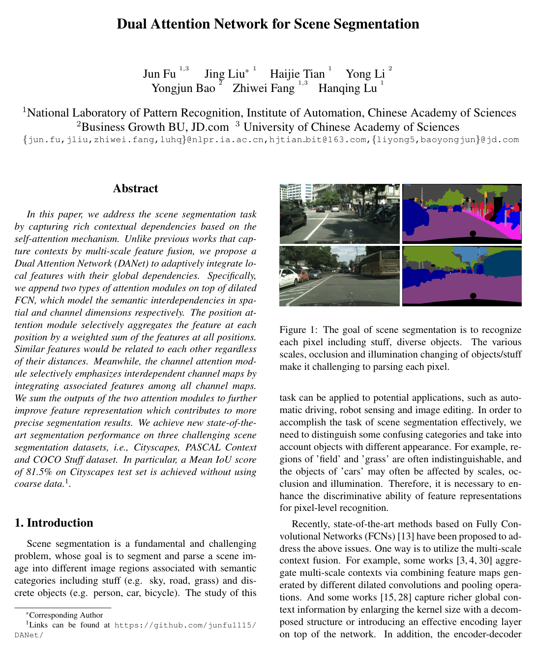 Dual Attention Network for Scene Segmentation