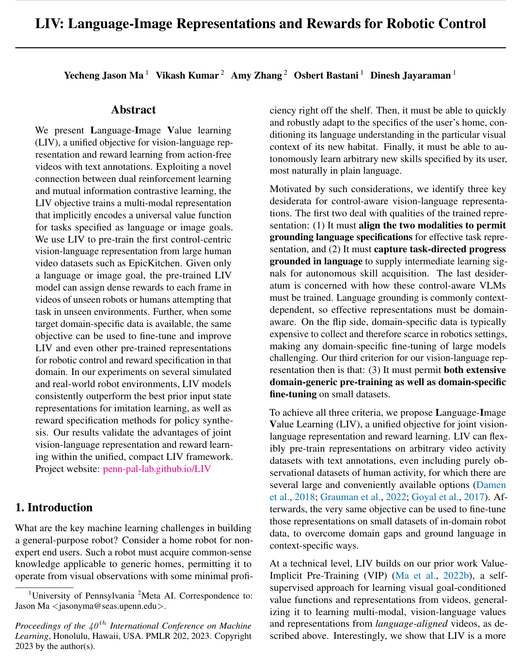 Cover for LIV: Language-Image Representations and Rewards for Robotic Control
