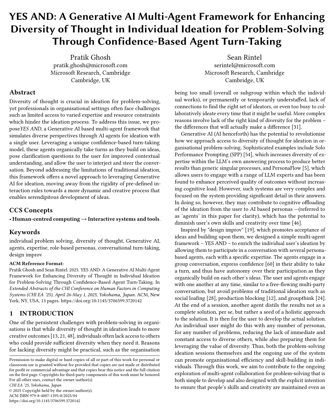 Cover for YES AND: A Generative AI Multi-Agent Framework for Enhancing Diversity of Thought in Individual Ideation for Problem-Solving Through Confidence-Based Agent Turn-Taking