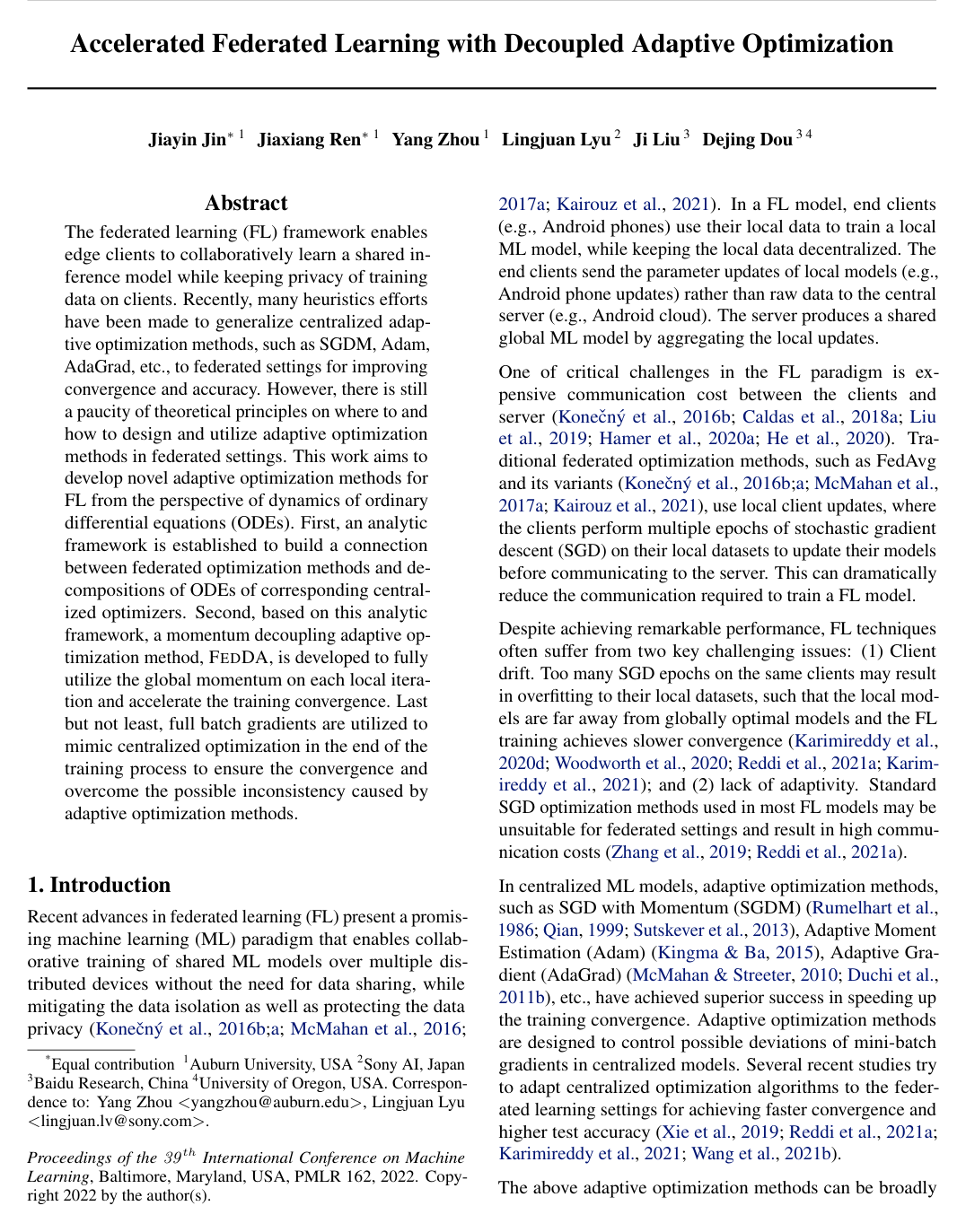 Accelerated Federated Learning with Decoupled Adaptive Optimization