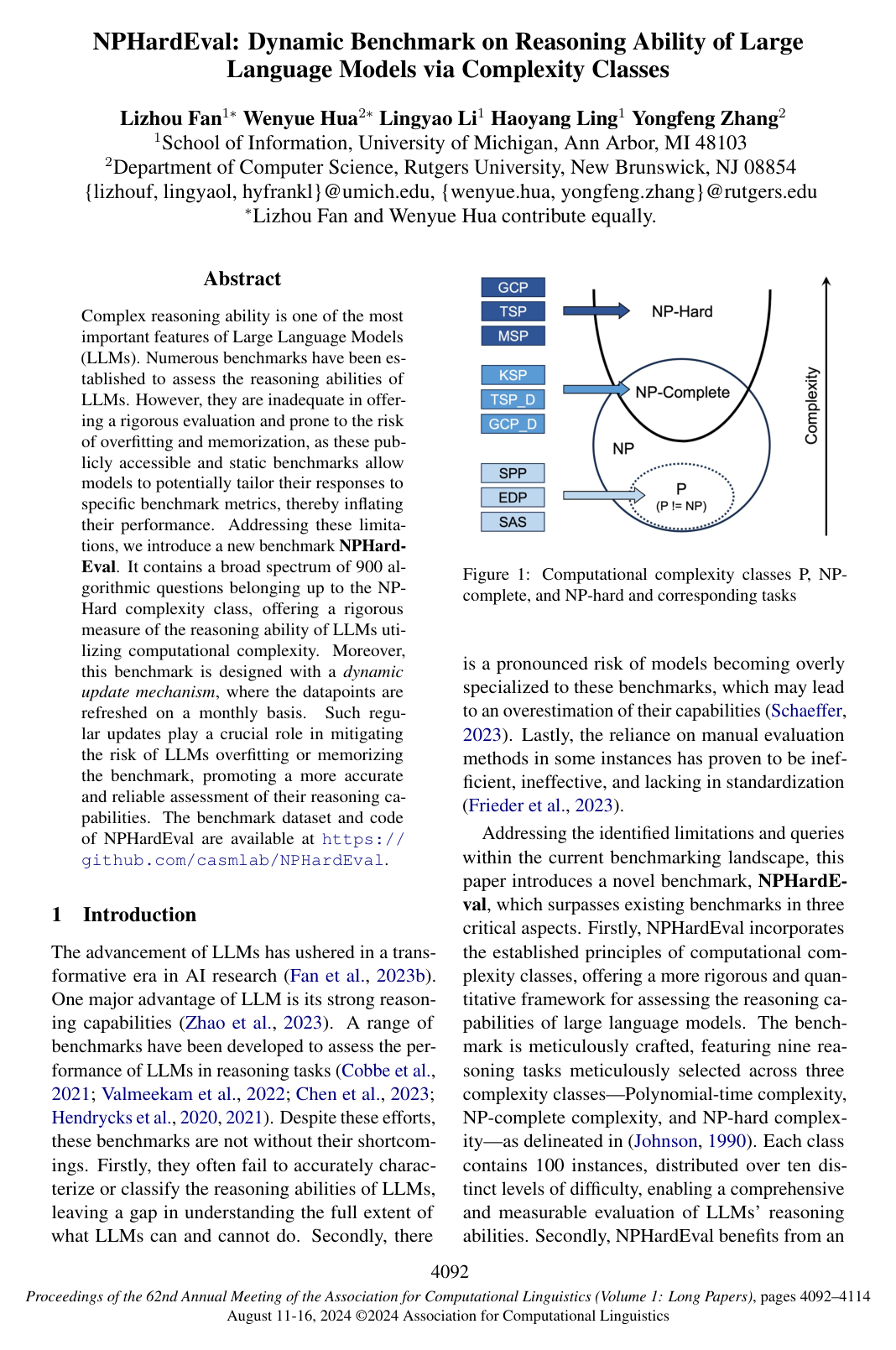 NPHardEval: Dynamic Benchmark on Reasoning Ability of Large Language Models via Complexity Classes