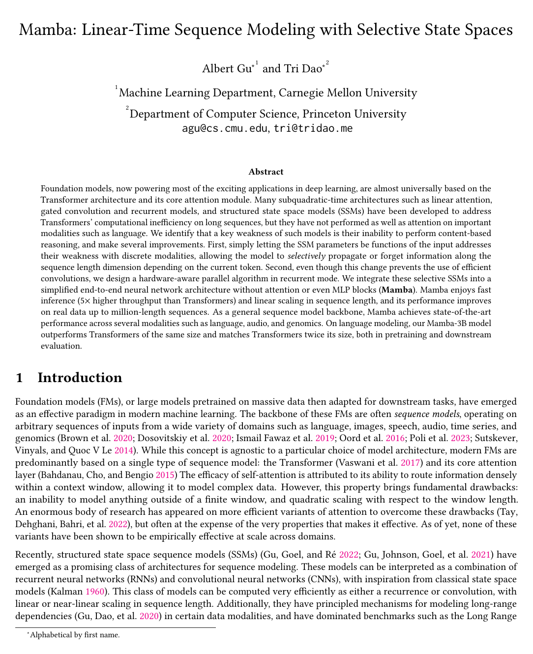 Cover for Mamba: Linear-Time Sequence Modeling with Selective State Spaces