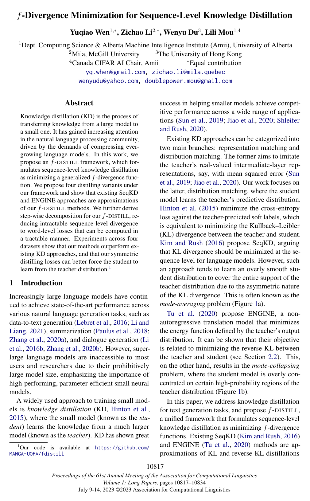 f-Divergence Minimization for Sequence-Level Knowledge Distillation