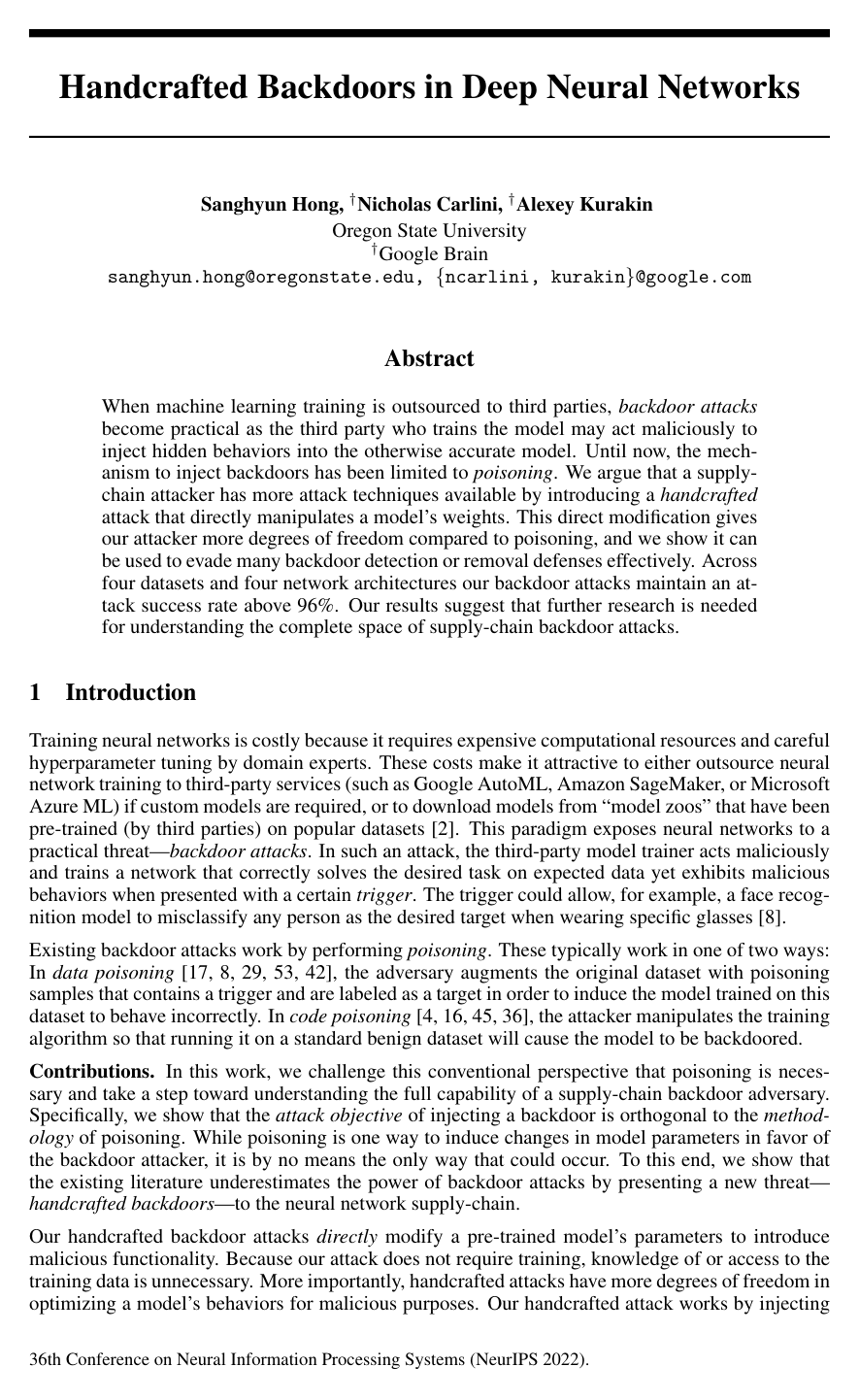 Cover for Handcrafted Backdoors in Deep Neural Networks