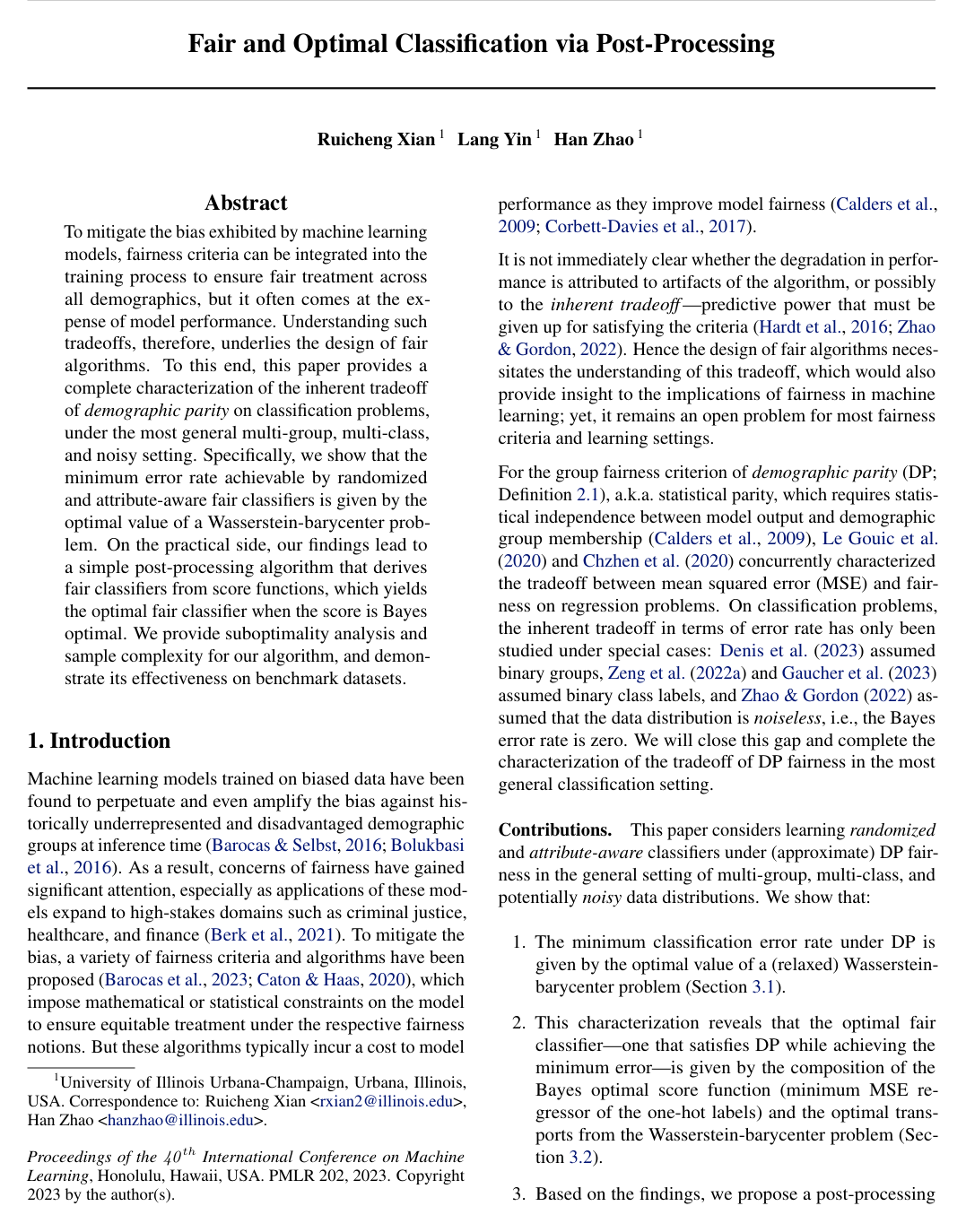 Fair and Optimal Classification via Post-Processing