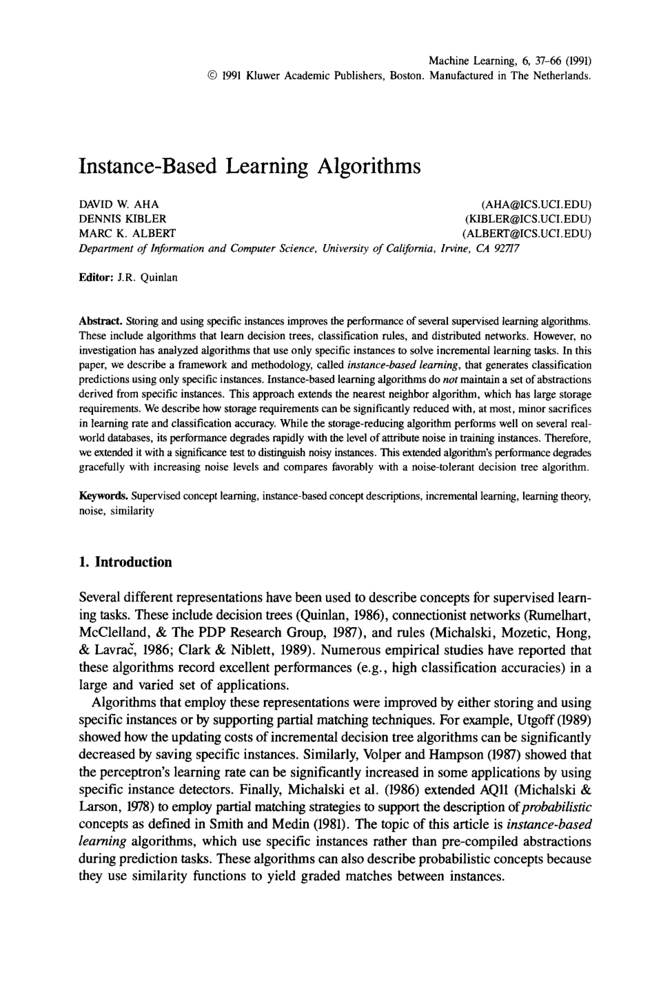 Cover for Instance-Based Learning Algorithms