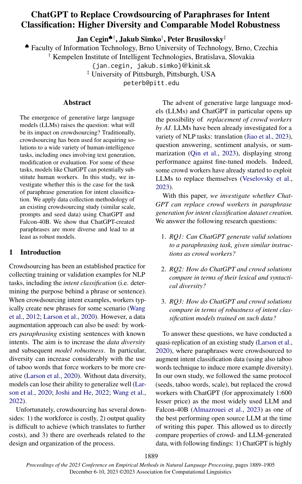 ChatGPT to Replace Crowdsourcing of Paraphrases for Intent Classification: Higher Diversity and Comparable Model Robustness