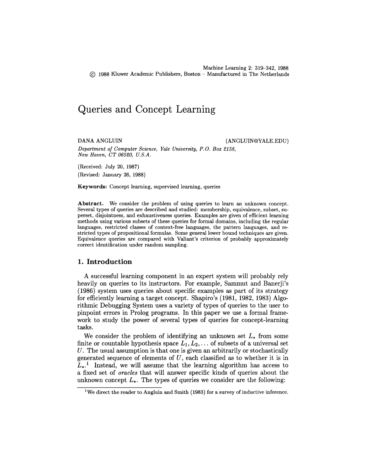 Cover for Queries and concept learning